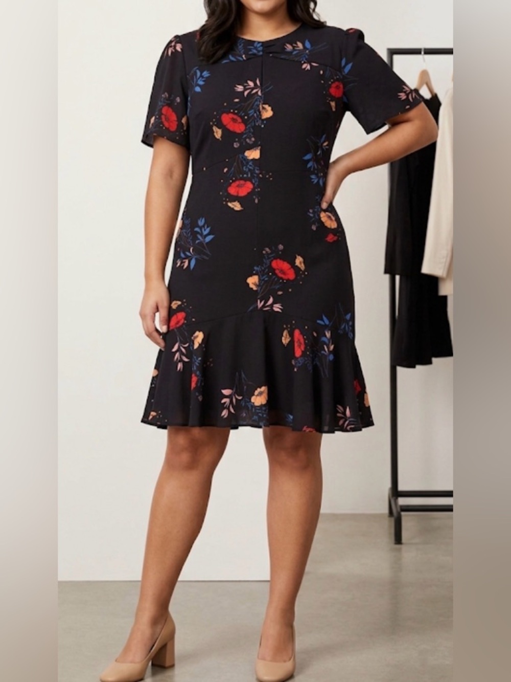 Black Floral Midi Dress with Flutter Sleeves